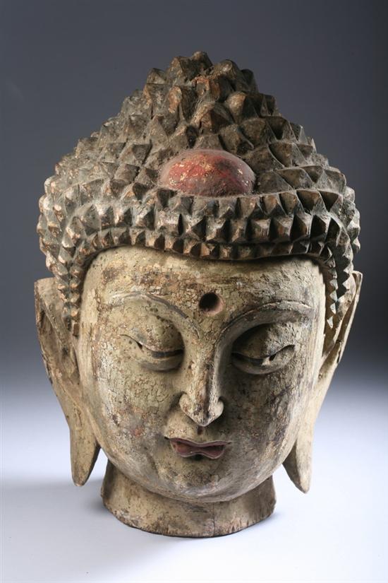 Appraisal: CHINESE POLYCHROME WOOD HEAD OF BUDDHA - in high