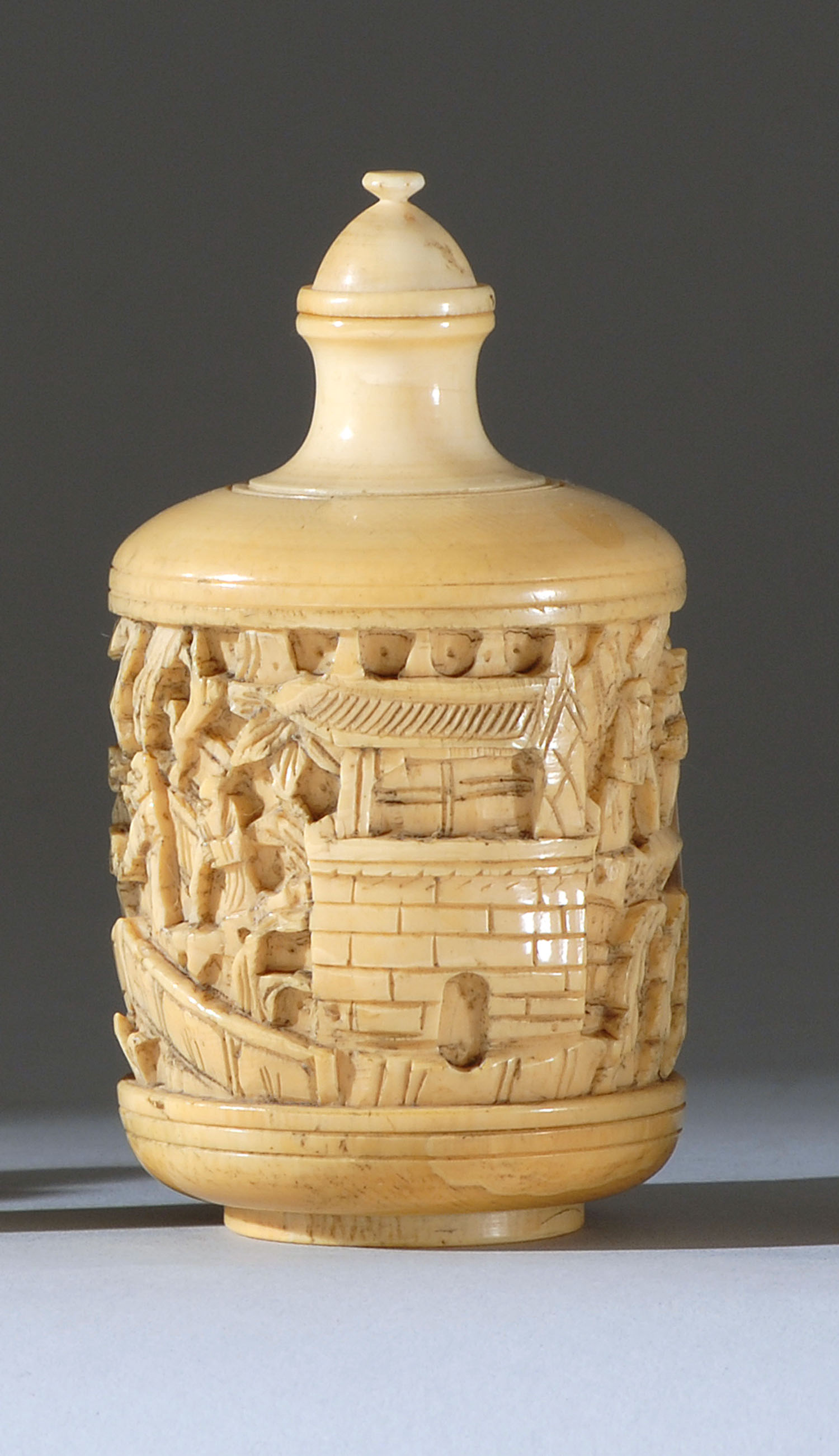 Appraisal: IVORY SNUFF BOTTLE Late th CenturyIn cylinder form with figural