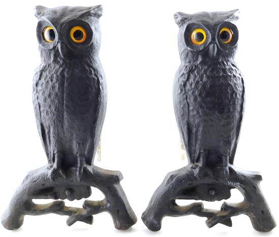 Appraisal: Pair th C owl form andirons black painted cast-iron with