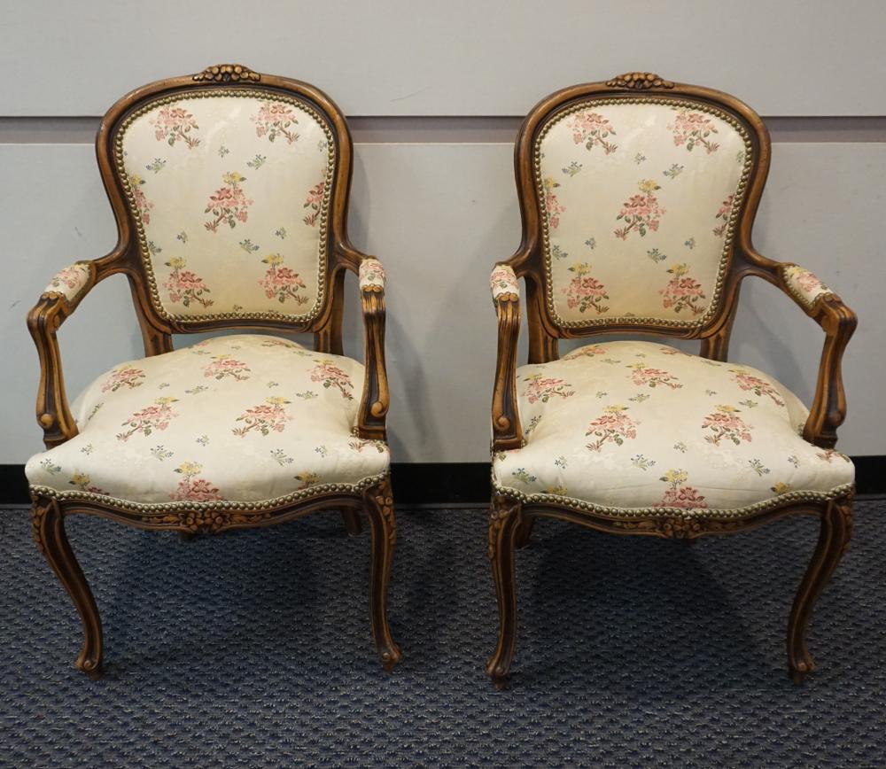 Appraisal: Pair of Louis XV Style Fruitwood and Upholstered Fauteuils