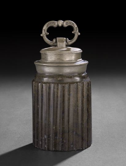 Appraisal: Continental Pewter-Mounted Serpentine Humidor fourth quarter th century of columnar