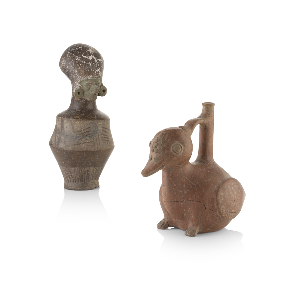 Appraisal: TWO ECUADORIAN POTTERY WHISTLING JUGS the first modelled as a