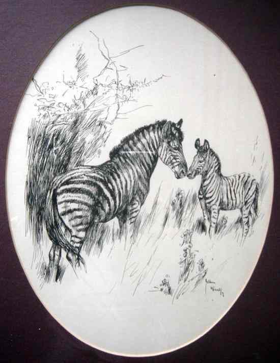 Appraisal: Arthur Wardle - pen and ink Zebra mare and foal