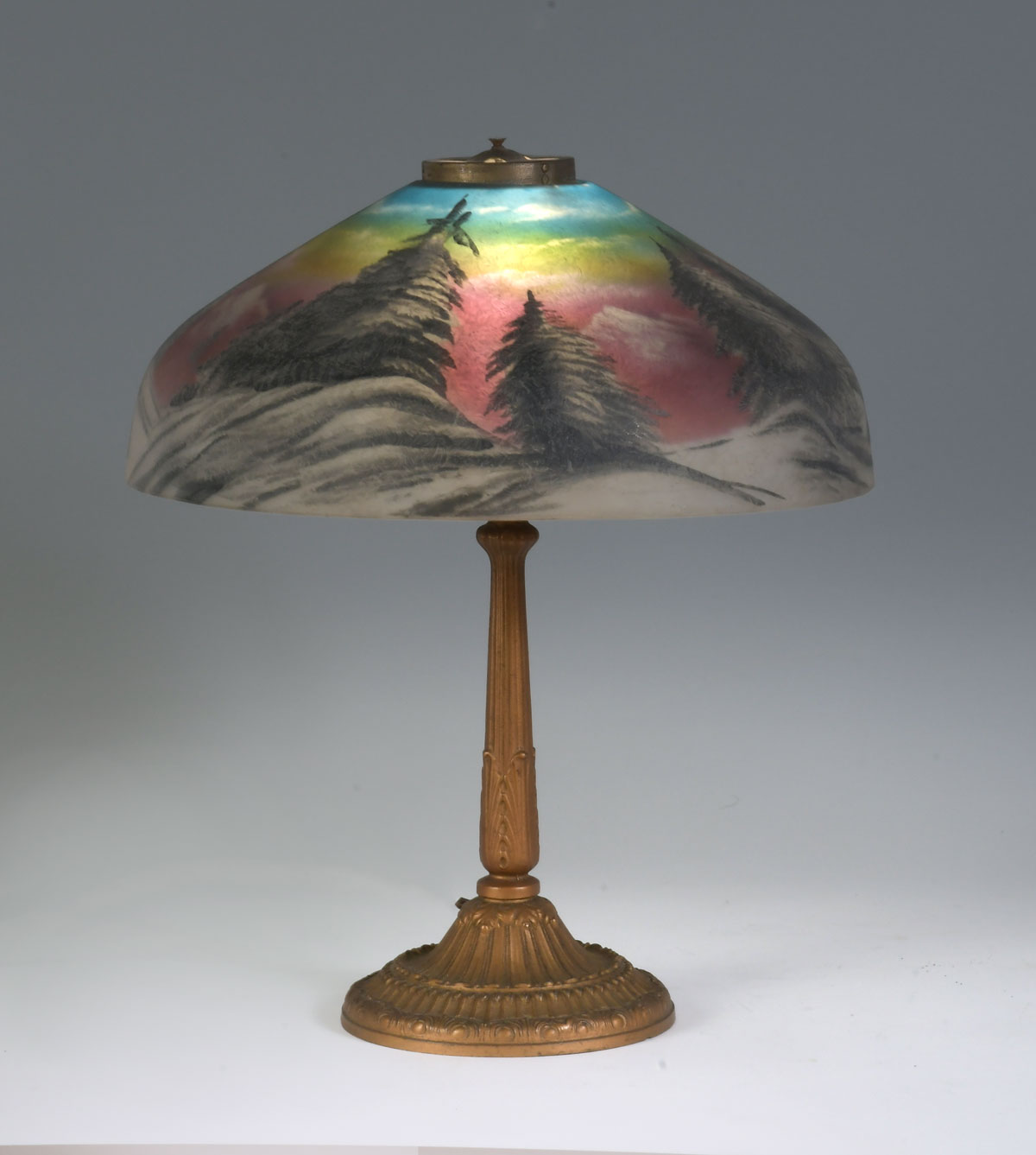 Appraisal: JEFFERSON REVERSE PAINTED LAMP Sunny winter landscape '' h ''