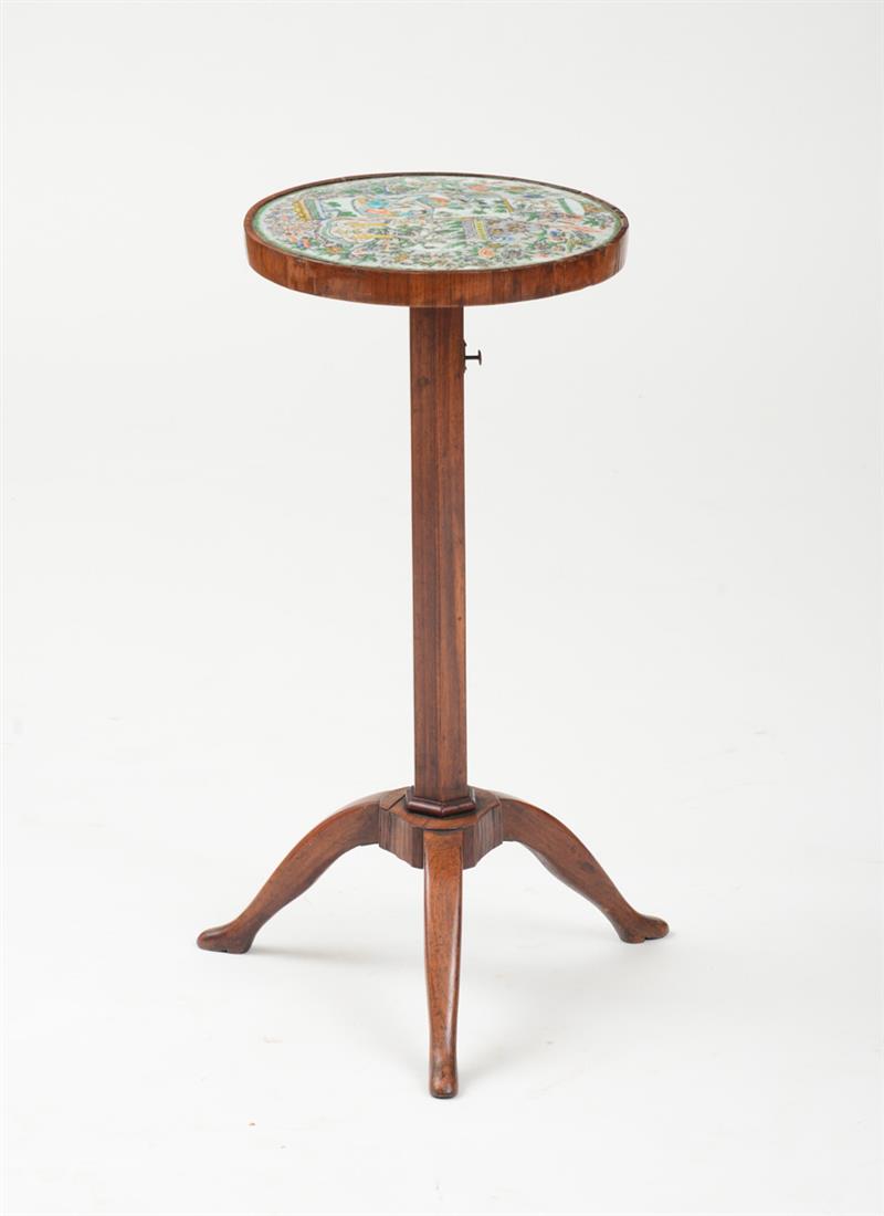 Appraisal: DIRECTOIRE WALNUT TRIPOD CANDLESTAND WITH CHINESE FAMILLE VERTE PORCELAIN TOP