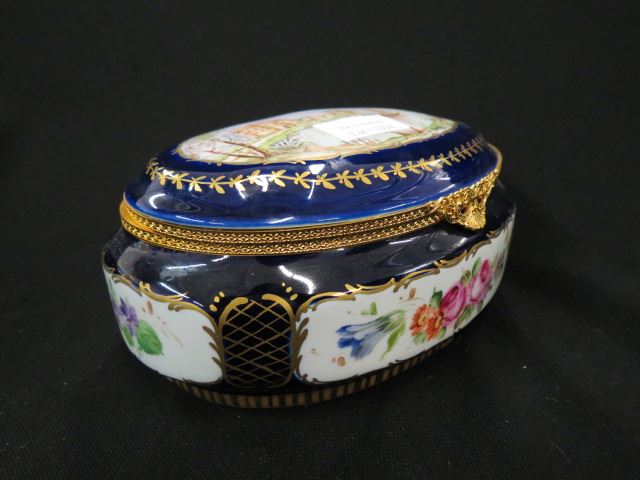 Appraisal: Limoges Handpainted Porcelain Dresser Box waterfront landscape with castle on