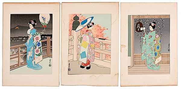 Appraisal: THREE JAPANESE WOODBLOCK PRINTS BY SADANOBU HASEGAWA each depicting geisha