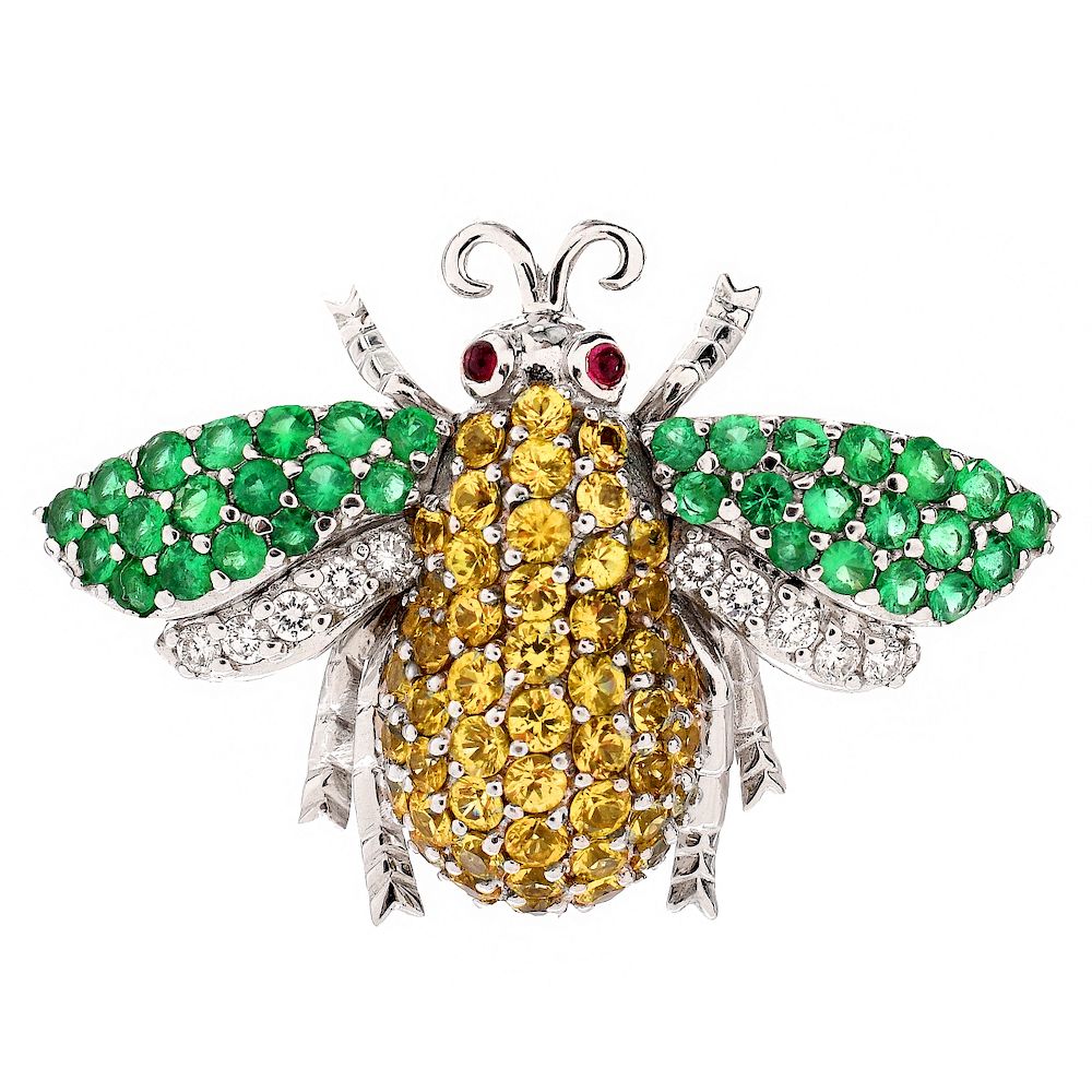 Appraisal: Sapphire Emerald Diamond Bug Brooch Approx Carat Round Cut Yellow