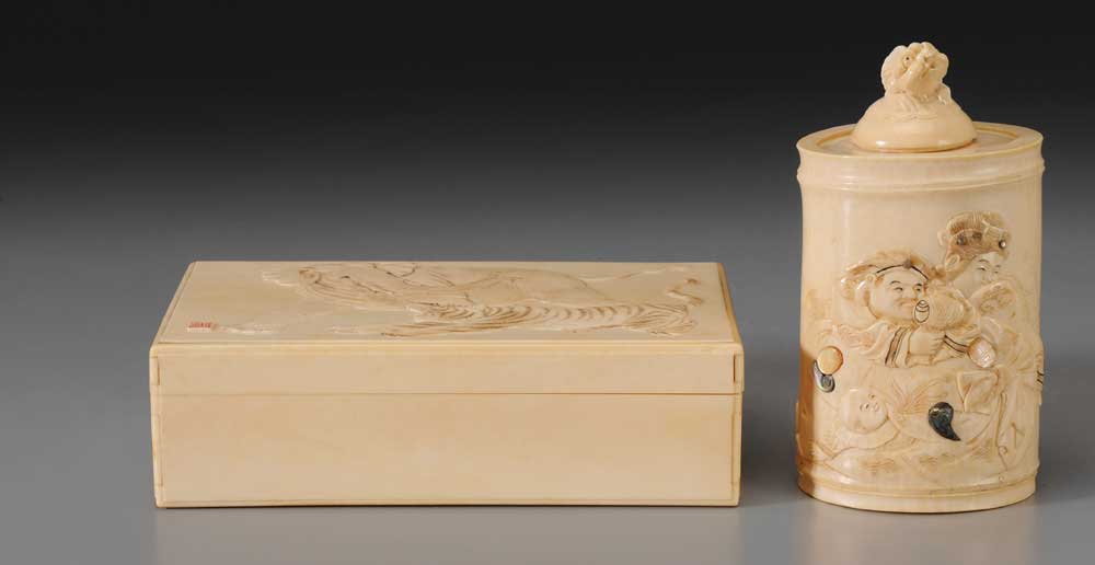 Appraisal: Two Carved Ivory Boxes Japanese late th early th century