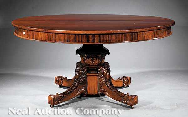 Appraisal: An Antique Regency-Style Carved Mahogany Dining Table circular top opening