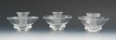 Appraisal: Three Steuben Glass Low Candlesticks The three low candlesticks designed