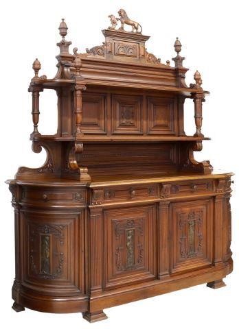 Appraisal: French multi-tier walnut sideboard the upper part a carved lion