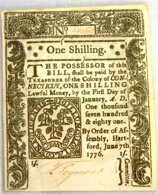 Appraisal: CT-One Shilling note Almost Uncirculated with boldly embossed printing decent