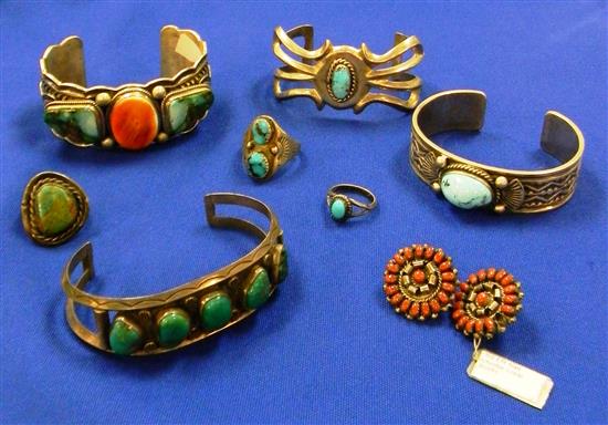 Appraisal: JEWELRY Southwestern silver turquoise coral and hammered metal some sterling