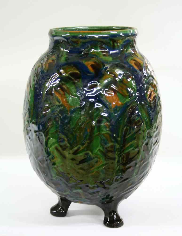 Appraisal: DUTCH ART POTTERY VASE - Three-Footed Peacock Glazed Vase in