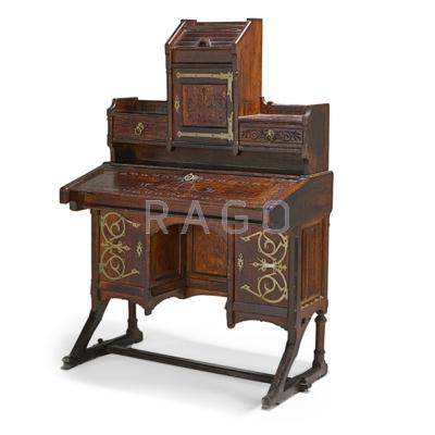 Appraisal: KIMBEL CABUS Drop-front desk New York s Carved oak brass