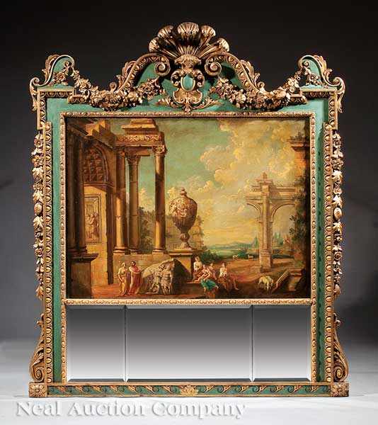 Appraisal: A George III-Style Painted and Parcel Gilt Trumeau Mirror late