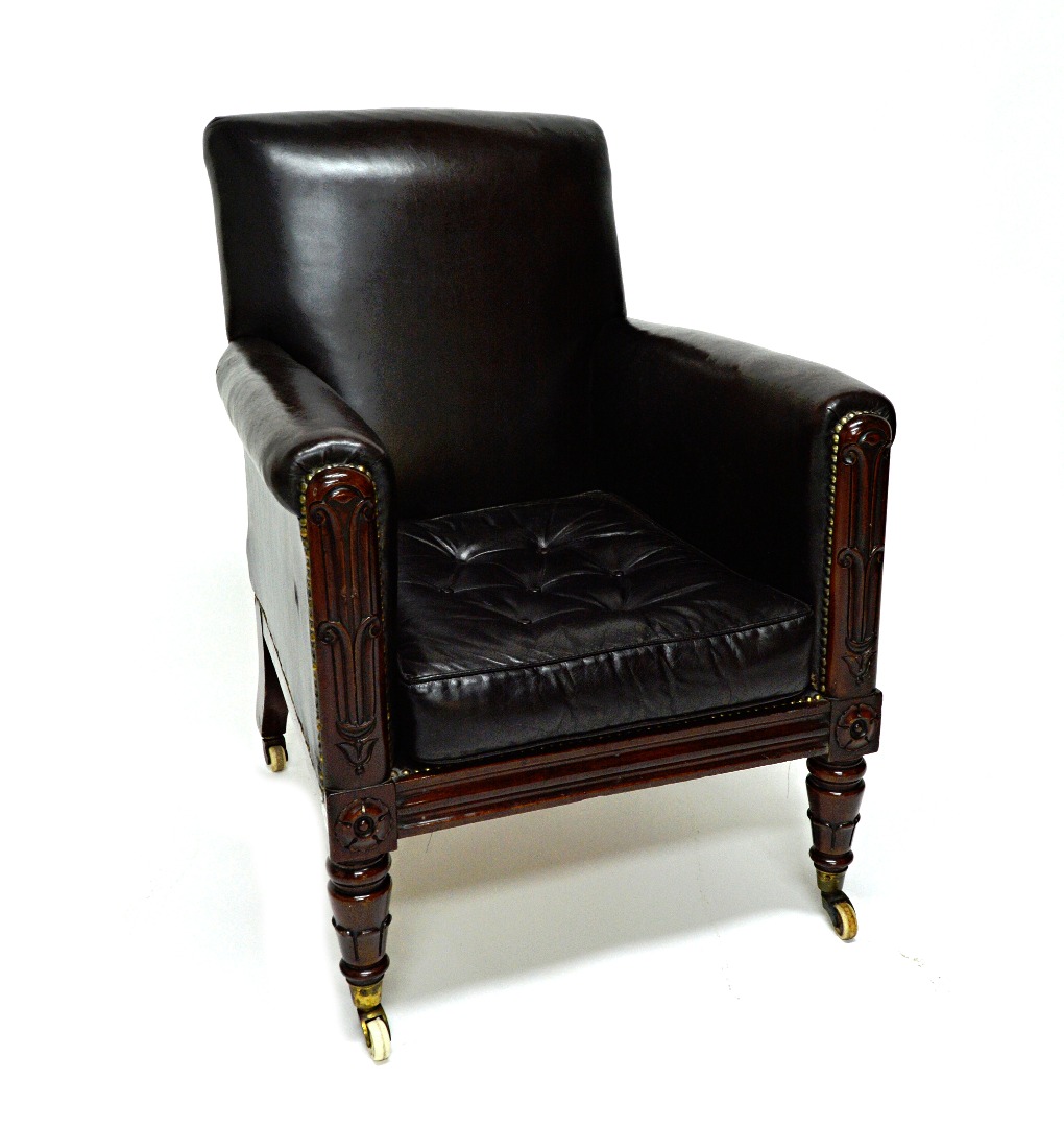 Appraisal: A William IV mahogany framed square back studded leather upholstered