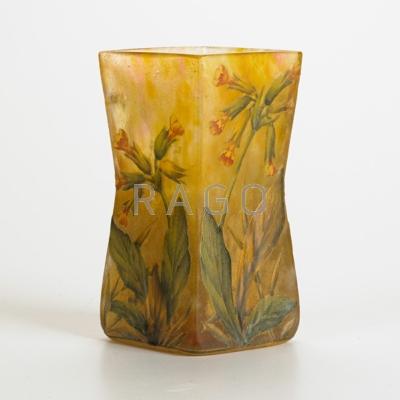 Appraisal: DAUM Pinched diamond-shaped cabinet vase with flowers on translucent yellow