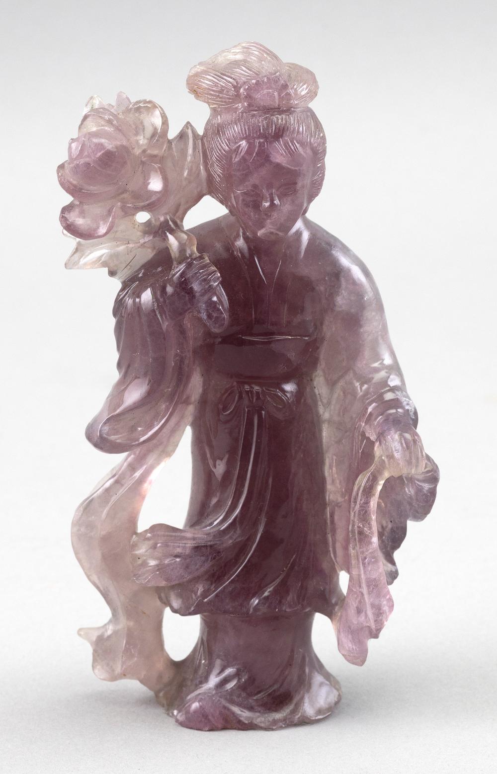 Appraisal: CHINESE CARVED AMETHYST FIGURE OF GUANYIN HEIGHT CHINESE CARVED AMETHYST