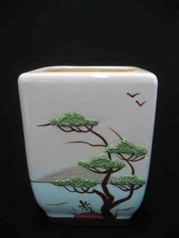 Appraisal: Weilware Pottery Vase waterfront landscape applied leafwork - '' excellent