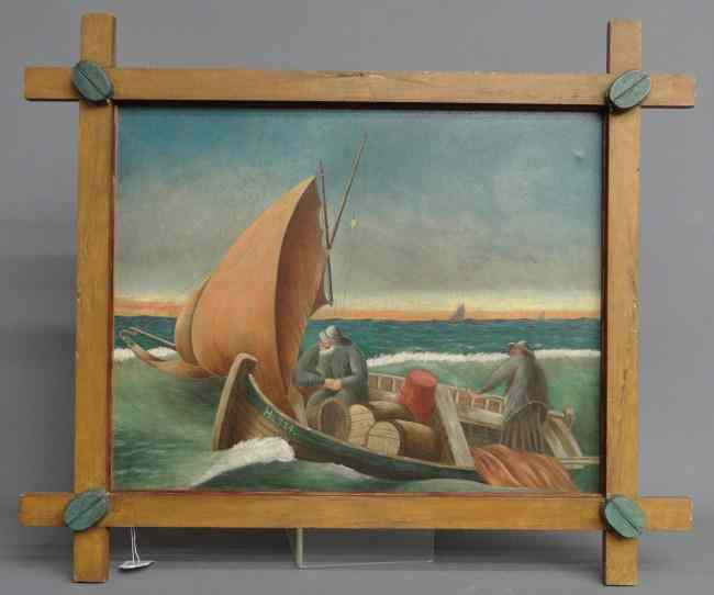 Appraisal: Painting oil on artist board Dory fisherman signed on back