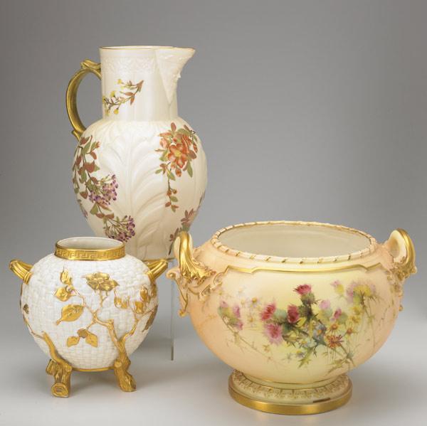 Appraisal: ROYAL WORCESTER Cream-colored floral decorated pitcher with large double-handled jardiniere