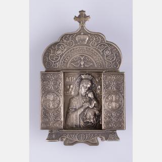 Appraisal: A Russian Orthodox Silver and Pewter Travel Skladen Icon Depicting