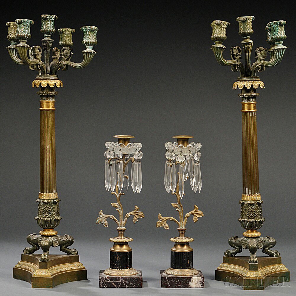 Appraisal: Pair of French Empire-style Bronze Candelabra and a Pair of