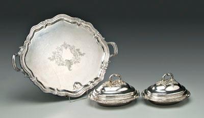 Appraisal: Three pieces silver plated hollowware pair entr eacute e servers