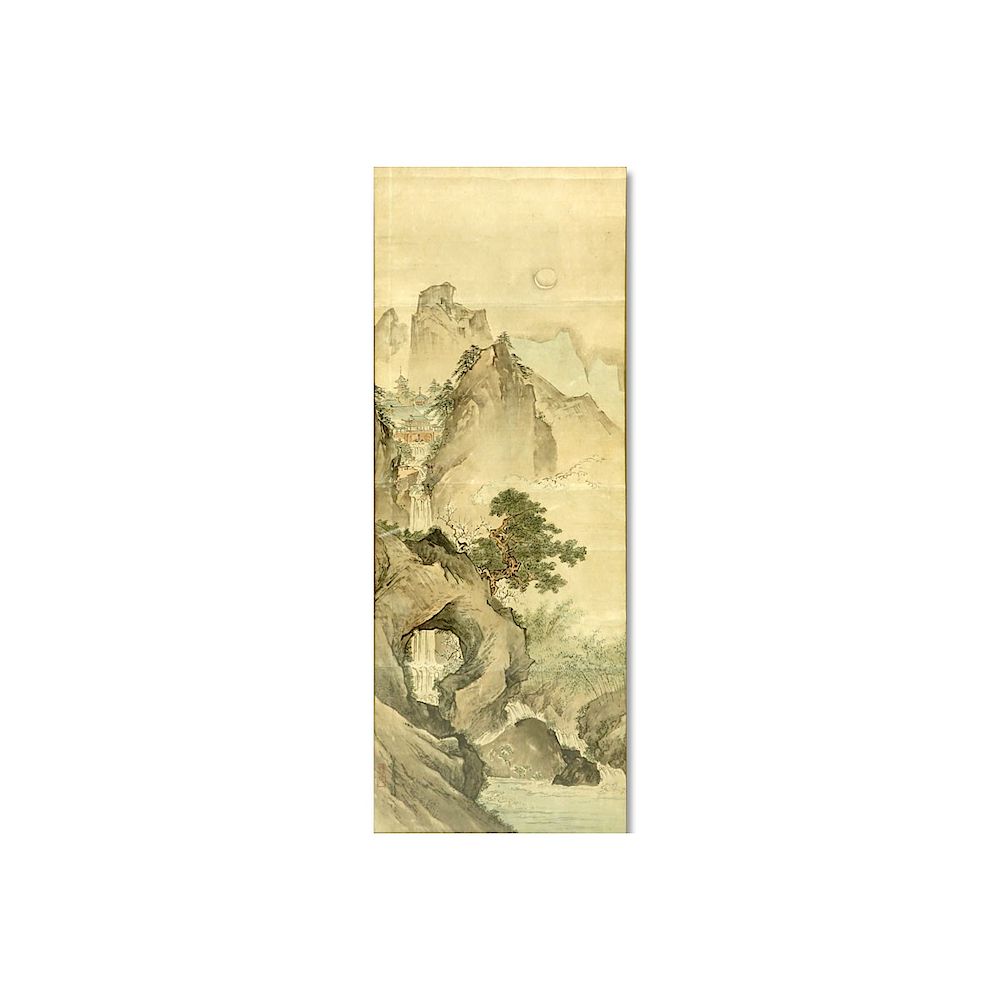 Appraisal: Large Antique Japanese Watercolor Scroll Painting Landscape Scene Signed Toning