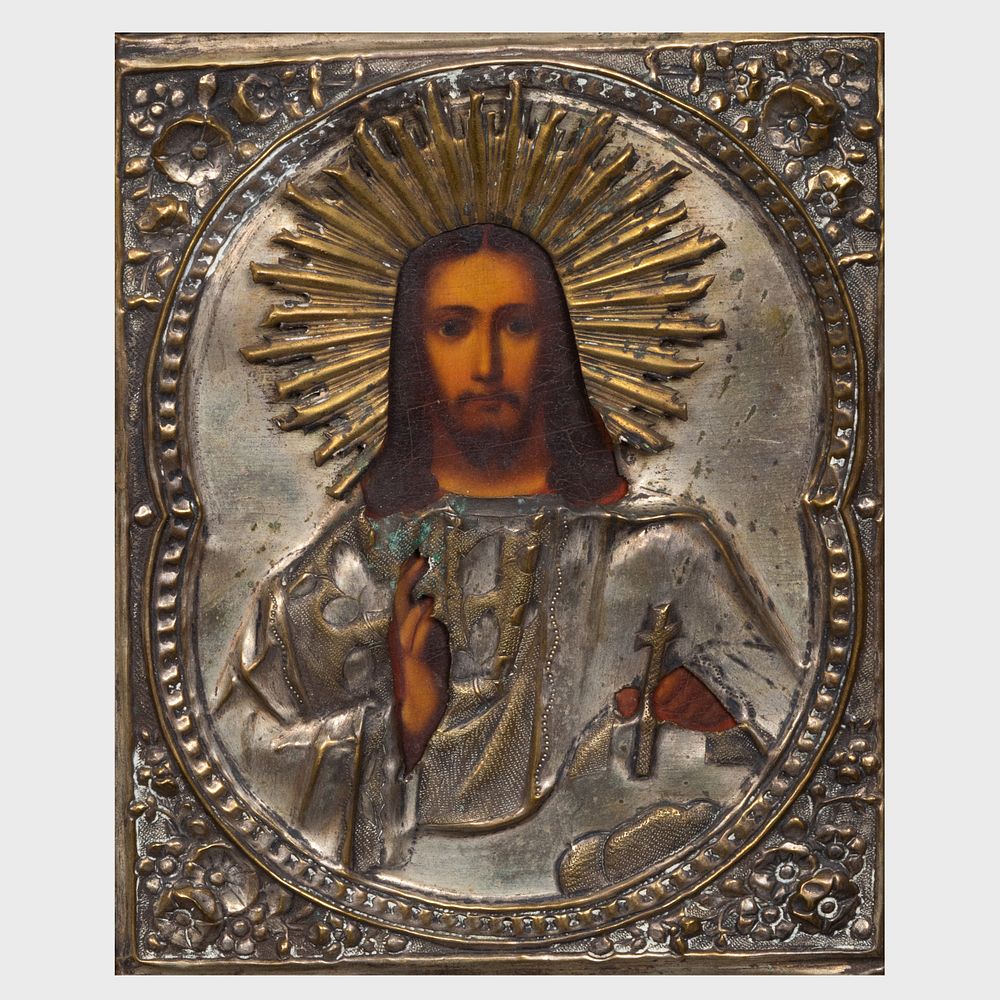 Appraisal: Icon of The Redeemer Oil on board with metal overlay