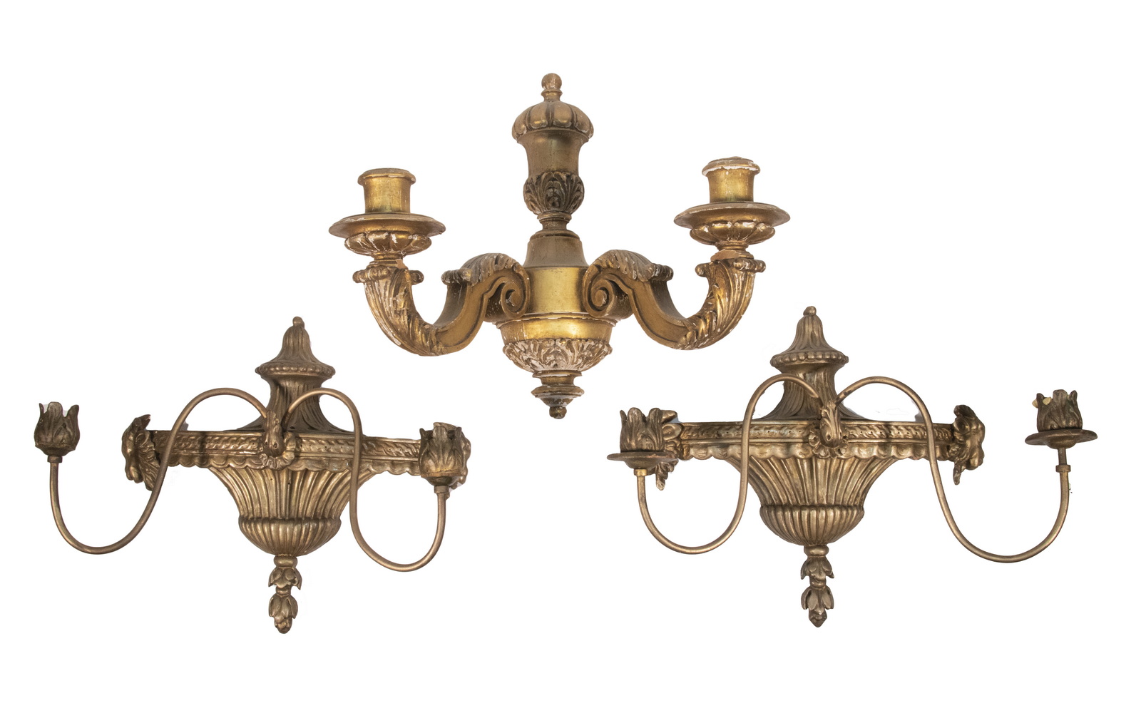 Appraisal: ITALIAN CANDLE SCONCES Lot of Vintage Gilded Wooden Double Light