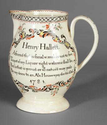 Appraisal: Henry Hallett creamware pitcher marked Henry Hallett and A friend