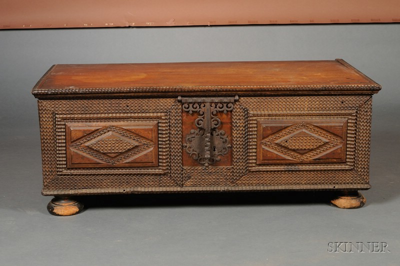 Appraisal: Continental Chip-carved Mahogany Blanket Chest th century likely Dutch with