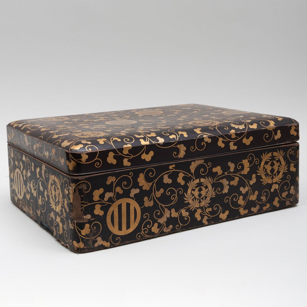 Appraisal: Japanese Black Lacquer and Parcel-Gilt Document Box Fitted with an