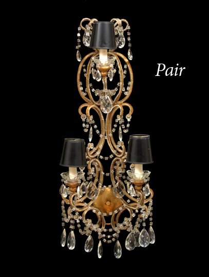 Appraisal: Large Pair of Italian Gilded Wrought-Iron Giltwood and Cut Glass