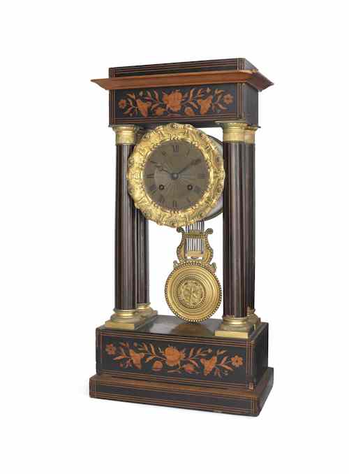 Appraisal: French inlaid rosewood and brass portico clock th c h