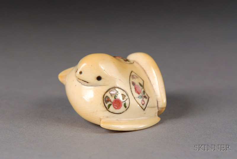 Appraisal: Ivory Netsuke th century plover chidori with floral lacquer mother-of-pearl