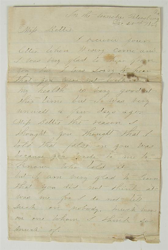 Appraisal: Confederate Letter In the trenches Petersburg VA Dec th One