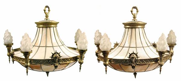 Appraisal: A pair of gilt-bronze and slag glass chandeliers height in