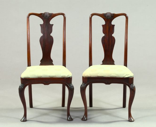 Appraisal: Good Pair of Early Queen Anne Shell-Carved Mahogany Sidechairs mid-