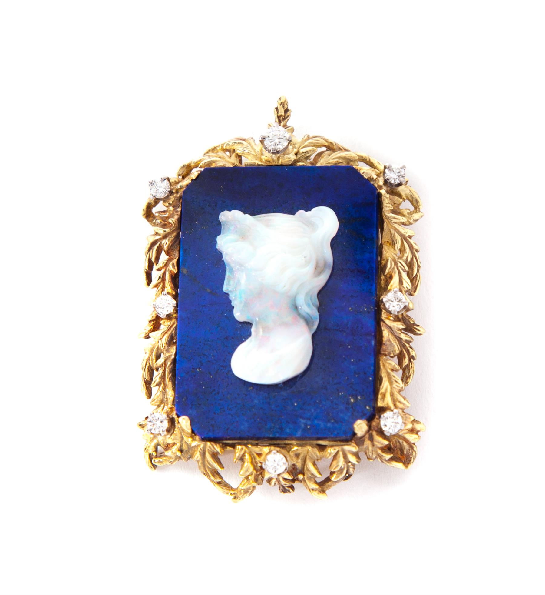 Appraisal: GOLD BROOCH PENDANT WITH LAPIS AND OPAL CAMEO American last