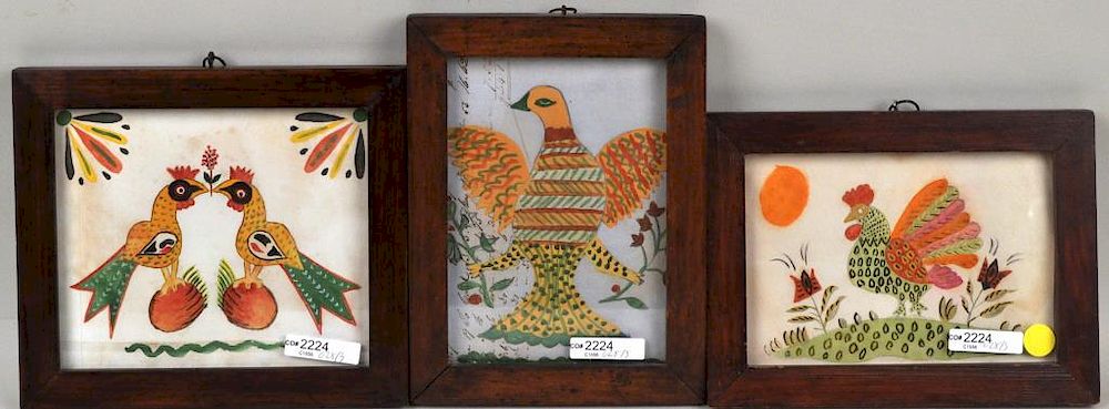 Appraisal: Group Three Folk Art Watercolors Depicting Birds including one painted