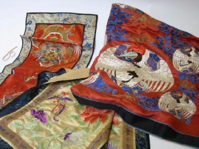 Appraisal: THREE CHINESE SILK EMBROIDERIES c one stitched with roundels of