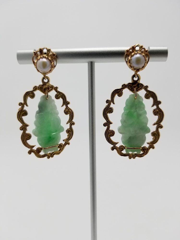 Appraisal: K Gold Pearl Jade Earrings K Gold Pearl Jade Earrings