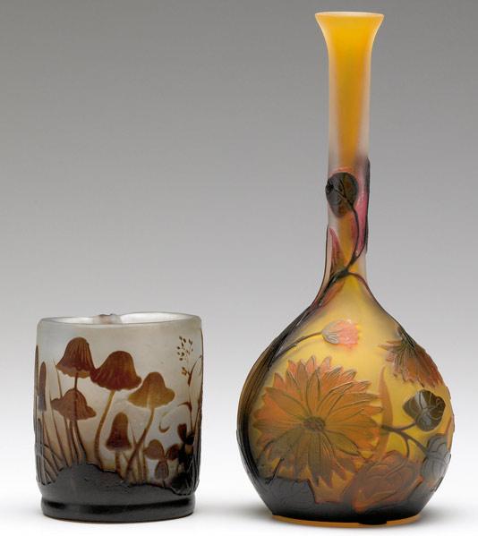 Appraisal: GALLE Two cameo glass vases one with mushrooms the other