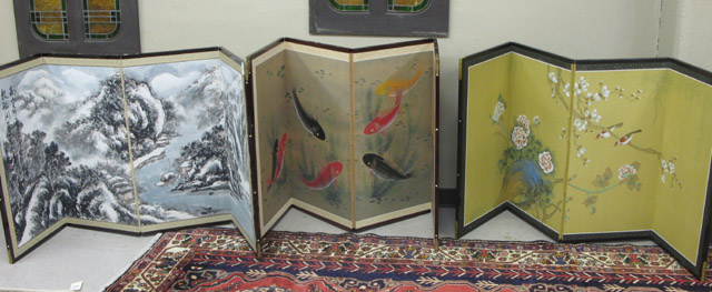 Appraisal: THREE FOUR-PANEL WALL OR FLOOR SCREENS all hand painted watercolors