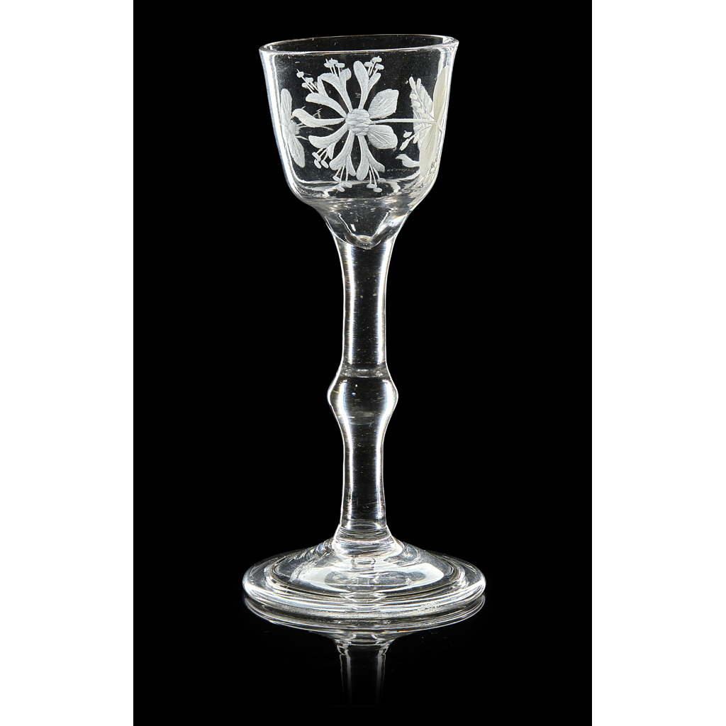 Appraisal: A JACOBITE ENGRAVED WINE GLASS TH CENTURY the ogee bowl