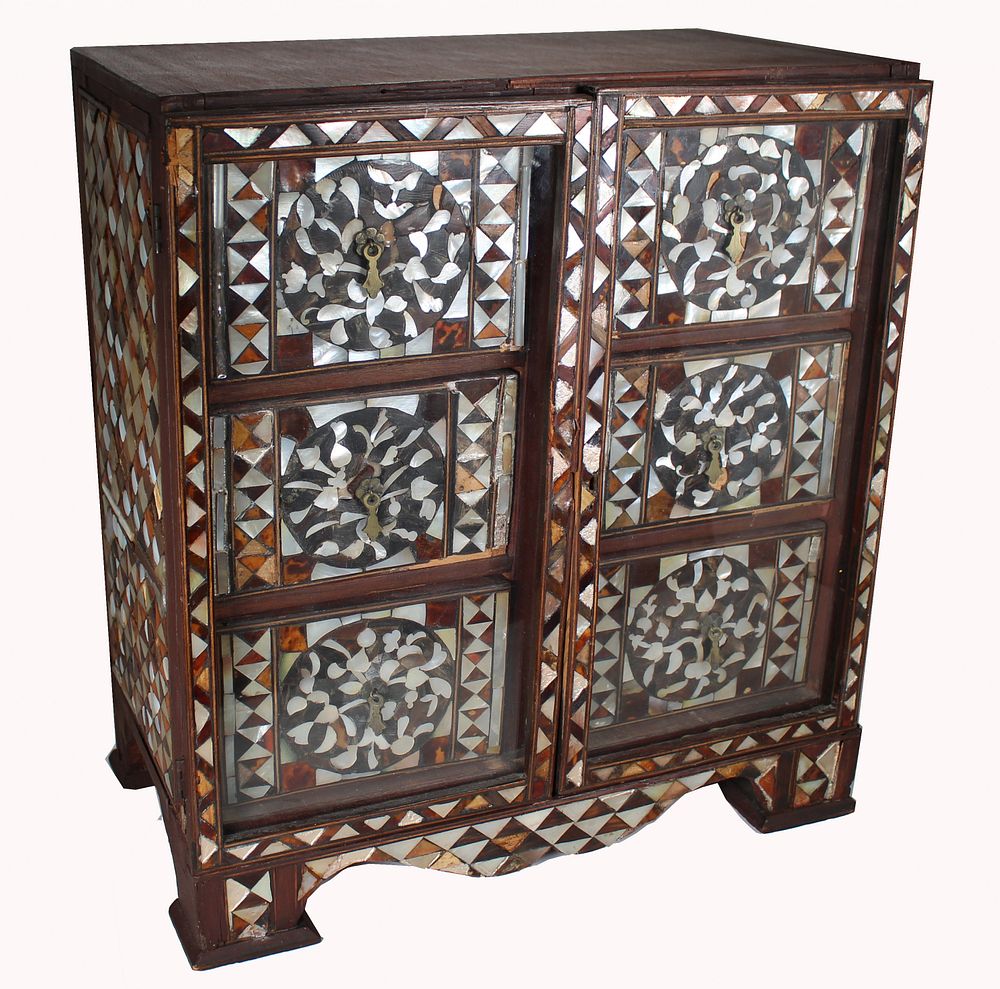 Appraisal: Antique Mother of Pearl Inlaid Jewelry Cabinet Antique Indo-Portuguese Mother